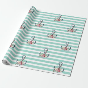 Papier Cadeau Fleurs d'ancre nautiques rayures vert menthe  