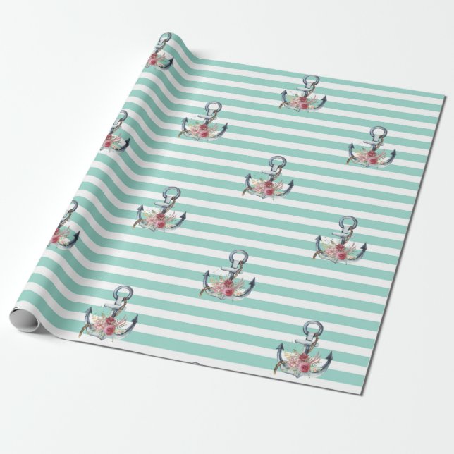 Papier Cadeau Fleurs d'ancre nautiques rayures vert menthe   (Déroulé)