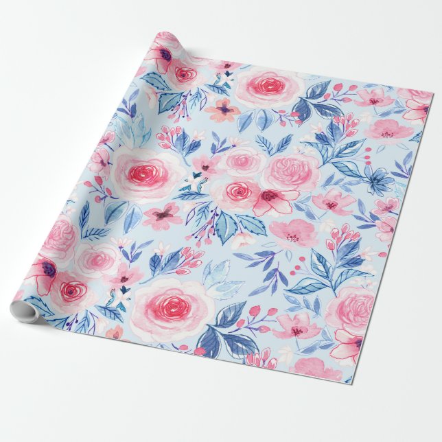 Papier Cadeau Fleurs d'aquarelle et feuilles 2 (Déroulé)