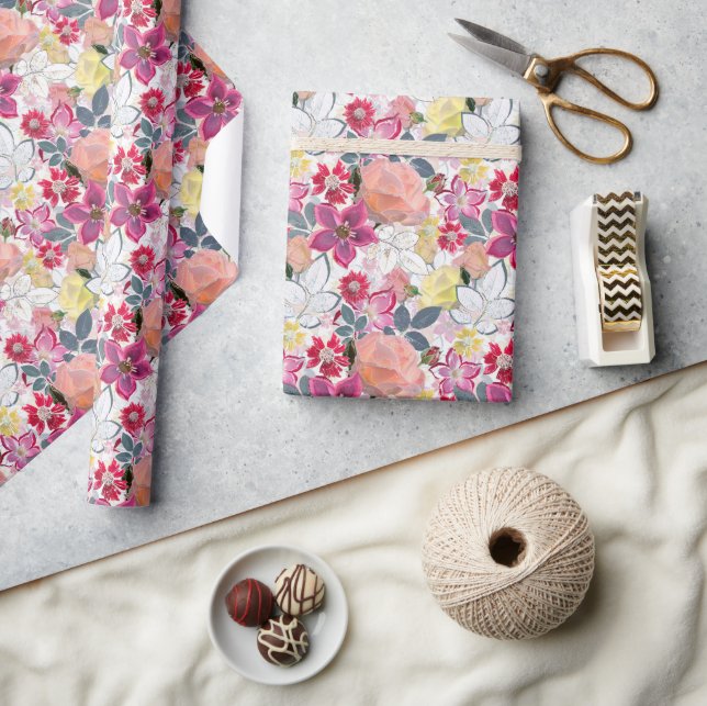 Papier Cadeau Fleurs d'aquarelle rose et rouge. (Artisanat)
