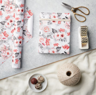 Papier Cadeau Fleurs d'aquarelle rouge et gris