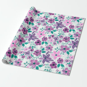 Papier Cadeau Fleurs d'aquarelle violet rose botanique