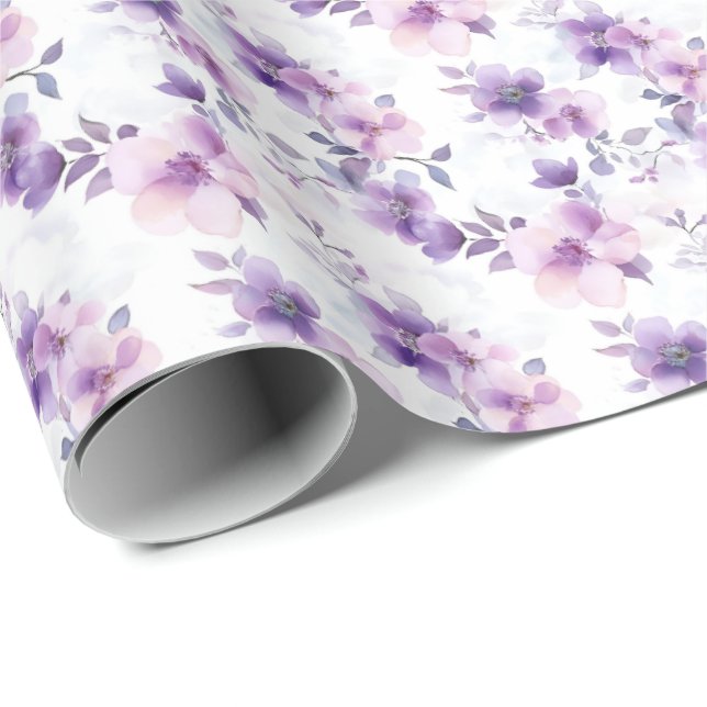 Papier Cadeau Fleurs d'aquarelle violette sur blanc (Coin rond)