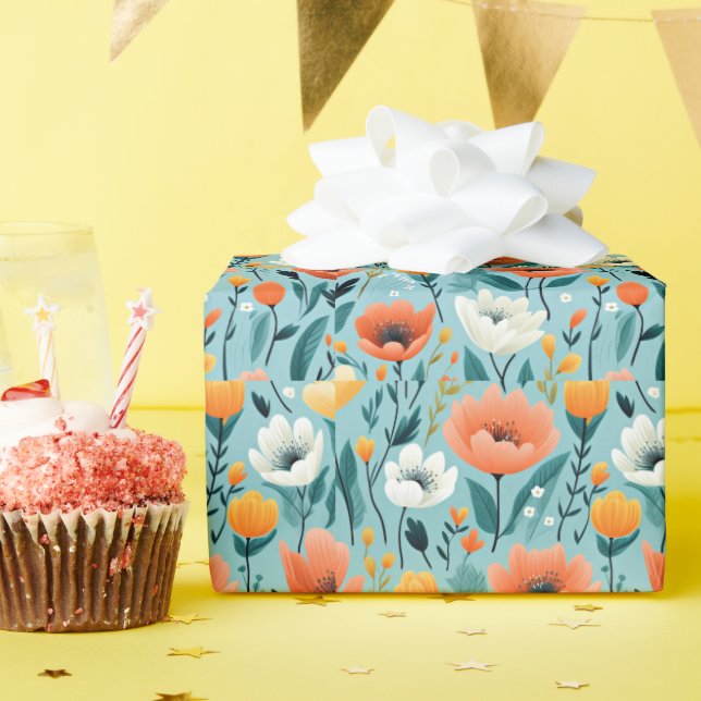 Papier Cadeau fleurs d'art coloré-aqua, blanc, pêche, jaune, (Fête d'anniversaire)