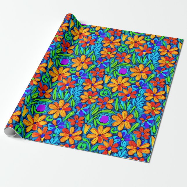 Papier Cadeau Fleurs d'art populaire colorées vives (Déroulé)