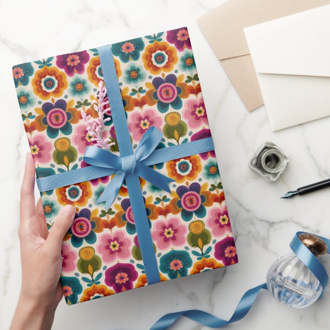 Papier Cadeau Fleurs d'art populaire Retro BOHO Chic motif flora (Cadeaux)