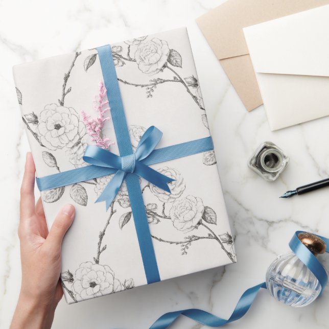 Papier Cadeau Fleurs d'automne crème noir   (Cadeaux)