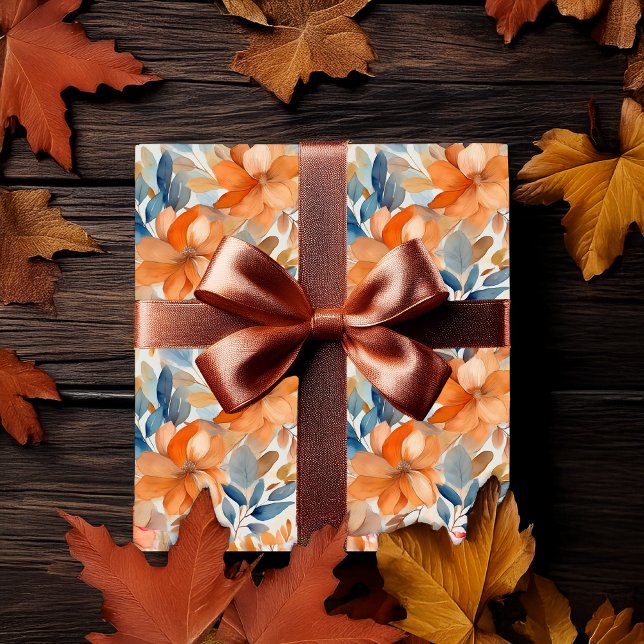 Papier Cadeau Fleurs de Boho automnales Terracotta Abricot Bleu (Boho Fall | Autumn Floral Blooms Terracotta Apricot Blue Wrapping Paper)