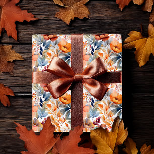 Papier Cadeau Fleurs de Boho automne Terracotta Abricot Bleu