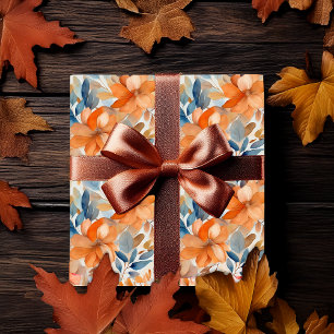 Papier Cadeau Fleurs de Boho automne Terracotta Abricot Bleu
