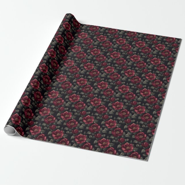 Papier Cadeau Fleurs de Bourgogne sur fond noir (Déroulé)
