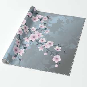 Papier Cadeau Fleurs de cerises bleues rose cendré