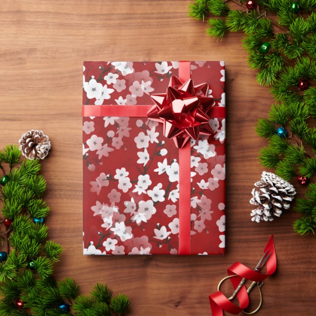 Papier Cadeau Fleurs de cerisier blanc rouge motif floral  (Cadeau de vacances)