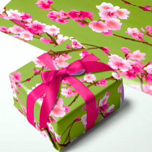 Papier Cadeau Fleurs de cerisier rose sur fond vert chartreuse