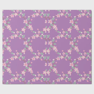 Papier Cadeau Fleurs de cerisier roses sur fond violet.