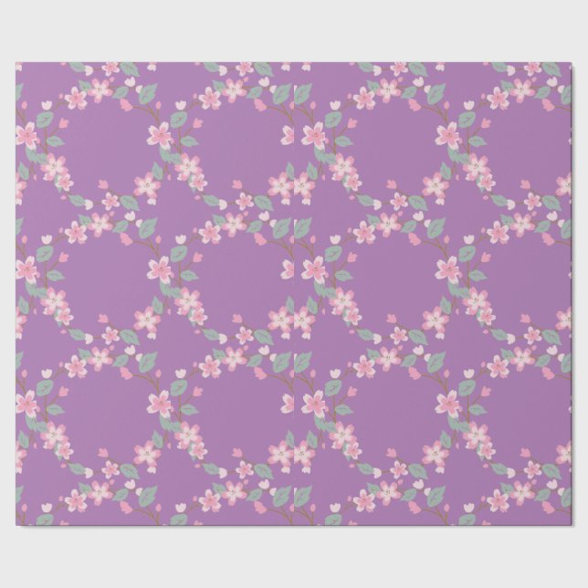 Papier Cadeau Fleurs de cerisier roses sur fond violet. (Couture)