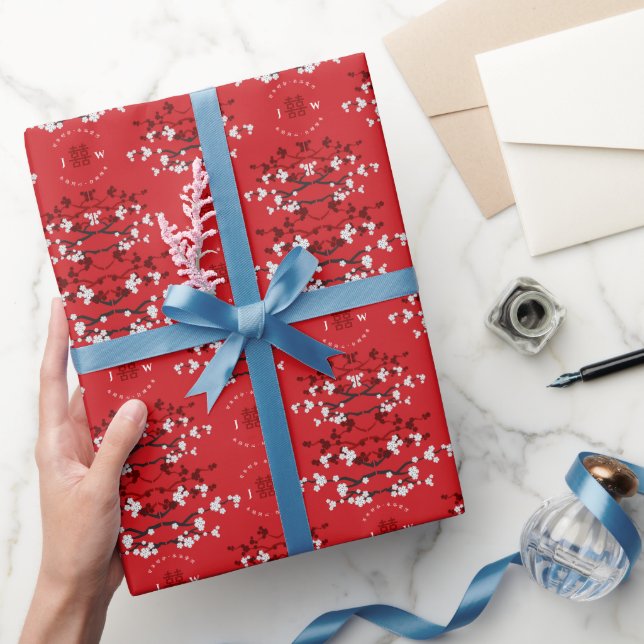 Papier Cadeau Fleurs de cerisier rouge et Mariage chinois double (Cadeaux)