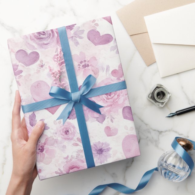 Papier Cadeau Fleurs de coeurs violets roses Anniversaire (Cadeaux)