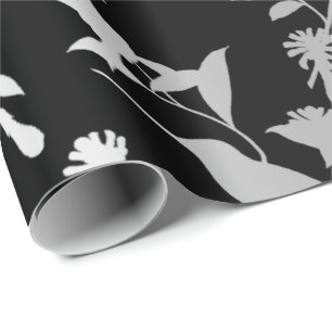 Papier Cadeau Fleurs de colibri gris argenté métallique Noir