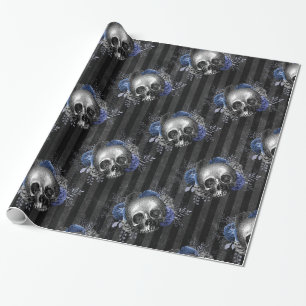 Papier Cadeau Fleurs de crâne vintage grunge noir et bleu