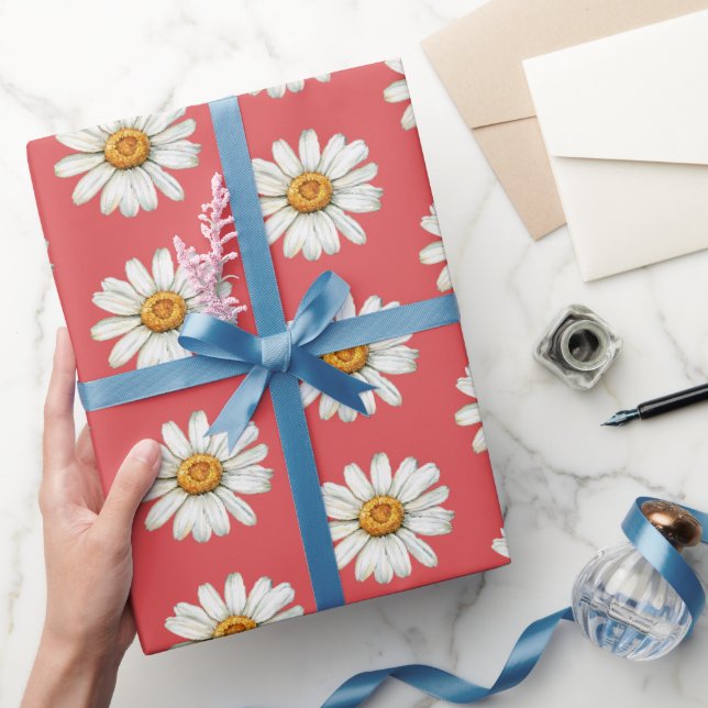 Papier Cadeau Fleurs de daisy rouges et blanches chic pour anniv (Cadeaux)