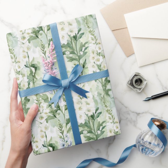 Papier Cadeau Fleurs de Delphinium Blanches Lavande pour une Fêt (Cadeaux)