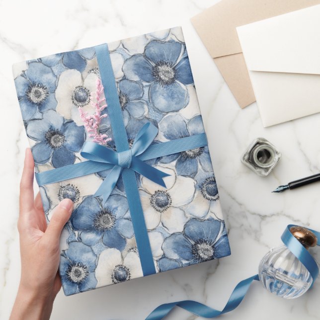 Papier Cadeau Fleurs de Denim Bleu Blanc Anniversaire (Cadeaux)