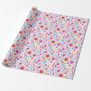 Papier Cadeau Fleurs de doodle artistique abstrait rose bleu ora