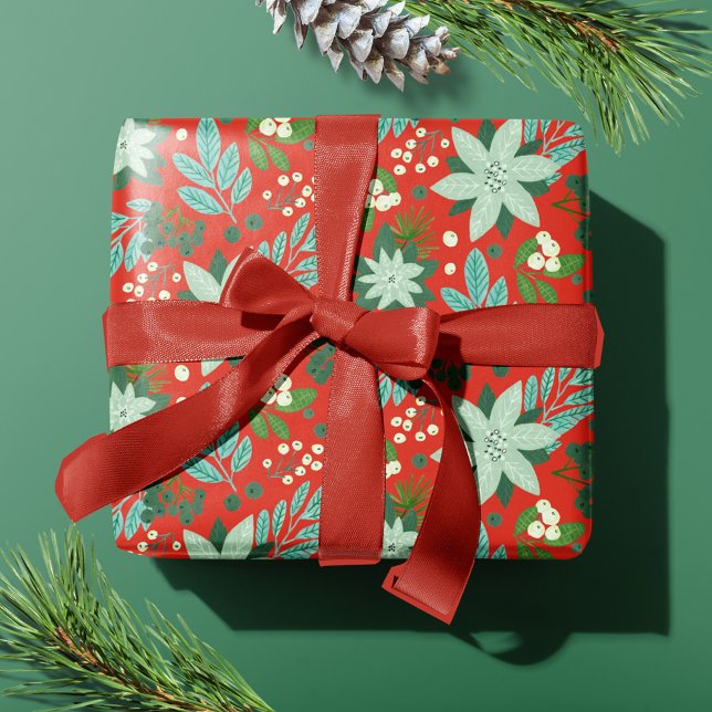 Papier Cadeau Fleurs de fêtes de Noël rouge (Modern Bold Red Floral Merry Christmas Wrapping Paper)