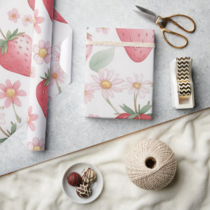 Papier Cadeau Fleurs de fraises roses Fête d'anniversaire pour e
