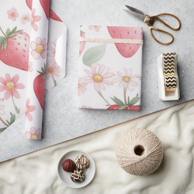 Papier Cadeau Fleurs de fraises roses Fête d'anniversaire pour e (Artisanat)