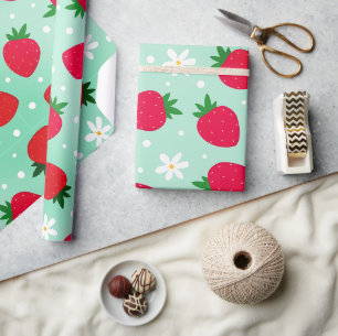 Papier Cadeau Fleurs de fraises rouges Fête d'anniversaire pour