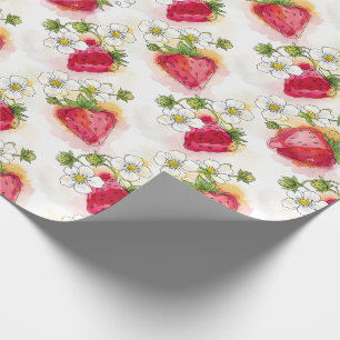Papier Cadeau Fleurs de fraisier et baies de style encre alcooli