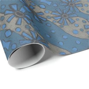 Papier Cadeau Fleurs de glace, motif floral bleu & gris, rustiqu
