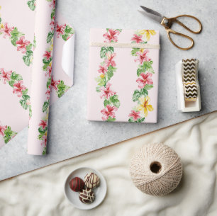 Papier Cadeau Fleurs de hibiscus rose jaune tropicales Anniversa