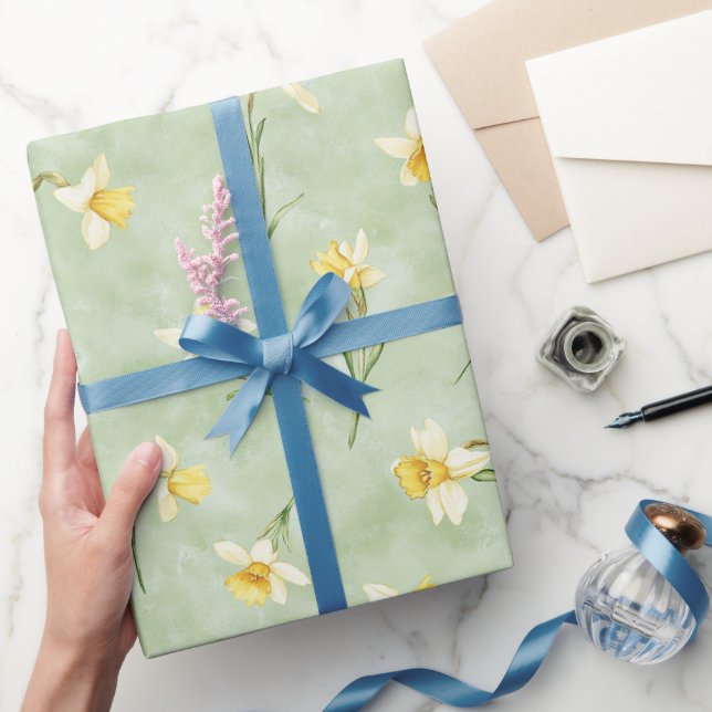 Papier Cadeau Fleurs de jonquilles blanches jaunes vert menthe (Cadeaux)