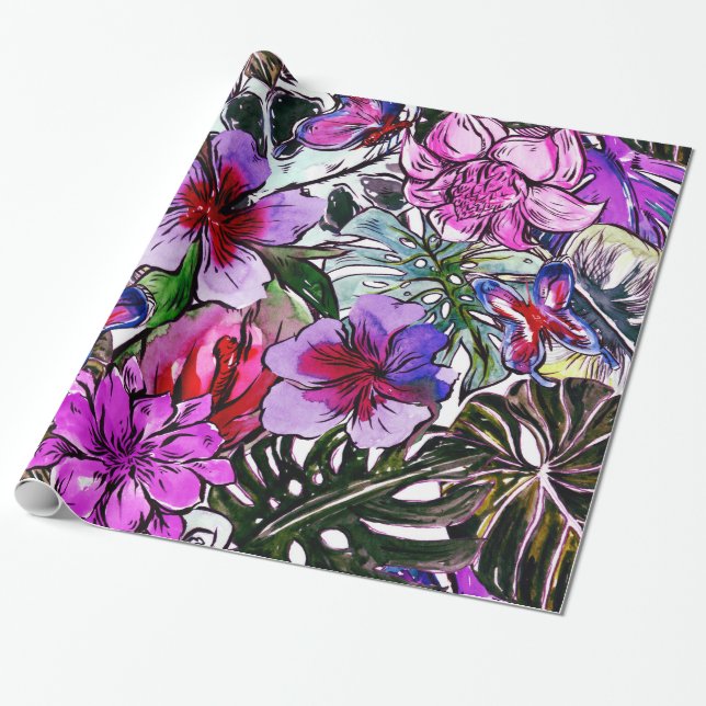 Papier Cadeau Fleurs de jungle exotique HIbiscus tropicaux (Déroulé)