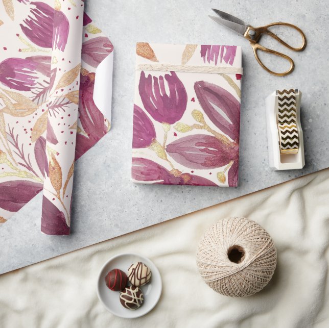 Papier Cadeau Fleurs de la Passion, Aquarelle Bourgogne et Or (Artisanat)