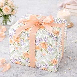 Papier Cadeau Fleurs de Lavande Pêche Pastel Chevron Anniversair