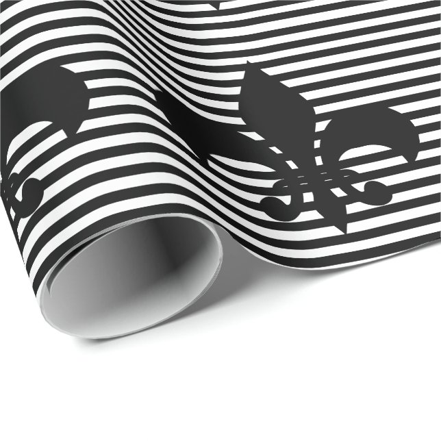 Papier Cadeau Fleurs-de-lis Arrière - plan rayé noir et blanc (Coin rond)