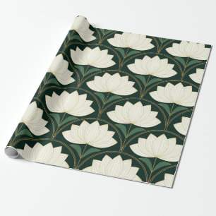 Papier Cadeau Fleurs de lotus Art Déco sur formes d'éventail dor