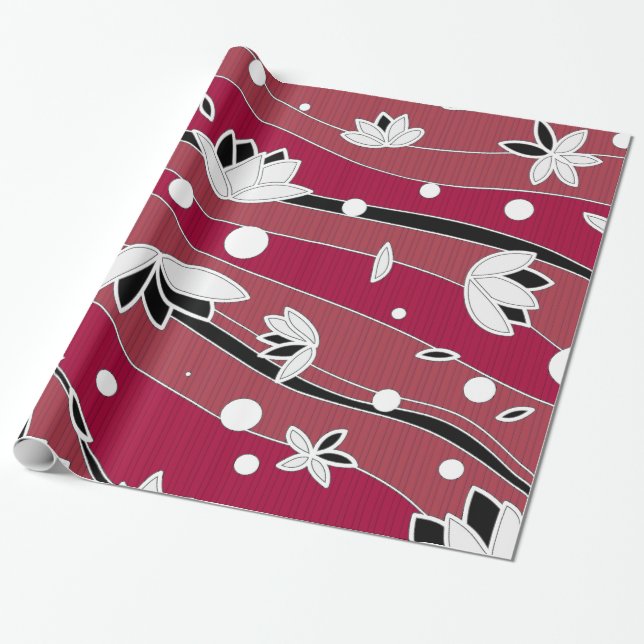 Papier Cadeau Fleurs de lotus blanches sur bandes rouges (Déroulé)