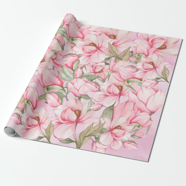 Papier Cadeau Fleurs de Magnolia de printemps rose (Déroulé)