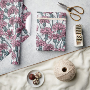 Papier Cadeau Fleurs de maïs roses, fleurs sauvages sur blanc