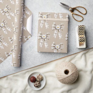 Papier Cadeau Fleurs de marguerite à ruban blanc crème de cacao