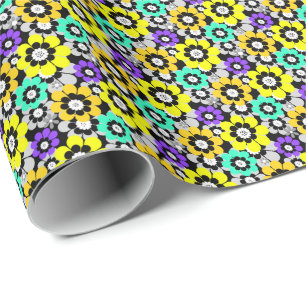 Papier Cadeau Fleurs de marguerite colorées Jaune Turquoise Viol