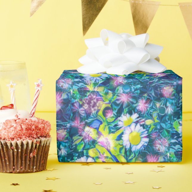 Papier Cadeau Fleurs de nature numérique, bleu marguerite (Fête d'anniversaire)