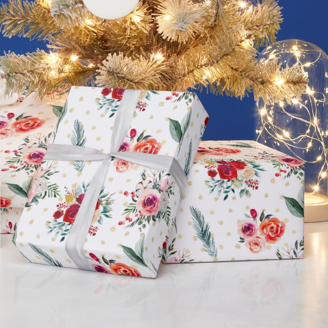 Papier Cadeau Fleurs de Noël et motif evergreens (Vacances)