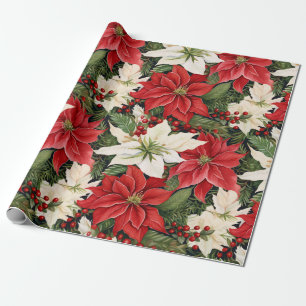 Papier Cadeau Fleurs de Noël Rouge Blanc