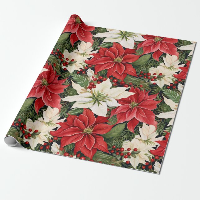 Papier Cadeau Fleurs de Noël Rouge Blanc (Déroulé)
